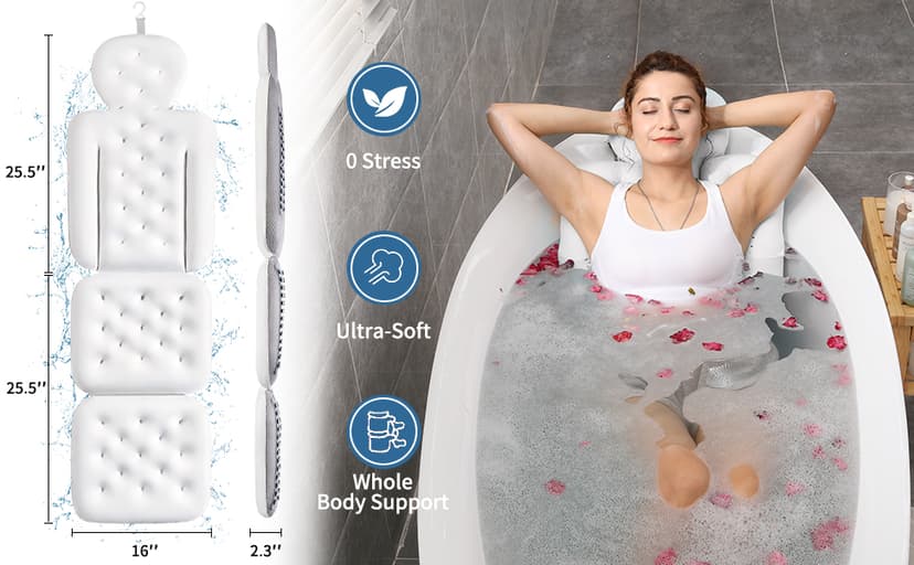 Full Body Bath Pillow for Bathtub, Thick Bathtub Cushion with Laundry Bag, Luxury Tub Pillow for Bath for Headrest Neck and Back Support White 51" x 16"
