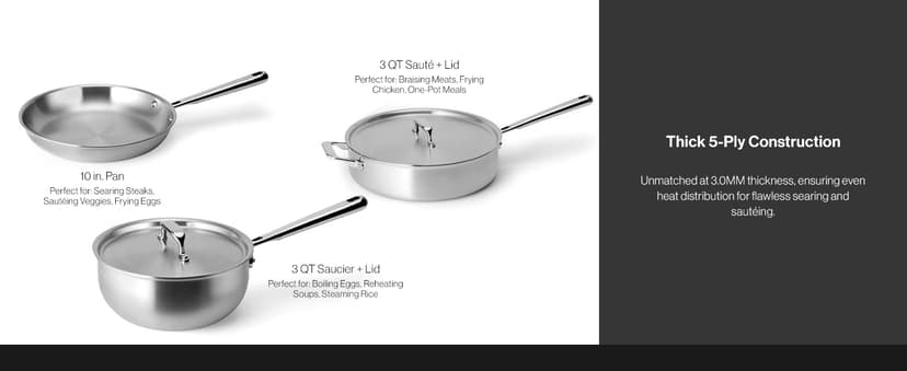 Misen 5-Ply Stainless Steel Cookware Set - Versatile, Dishwasher Safe - 9-Piece Set - 10" Skillet, 12" Skillet + Lid, 3 QT Saute Pan + Lid, 3 QT Saucier + Lid, 8 QT Stockpot + Lid