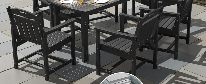 HDPE Outdoor Dining Set, 7 Piece Patio Table and Chairs Set with 2" Umbrella Hole, All Weather Patio Furniture for 6 Person in Garden, Backyard, Deck | Matte Black