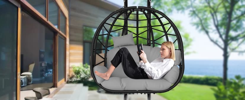 ZENPETIO Double Egg Chair with Stand, 2 Person Swing Egg Chair, Rattan Wicker Swing Chair with UV Resistant Cushion and Pillow, for Indoor Outdoor Bedroom Patio Hanging, Black