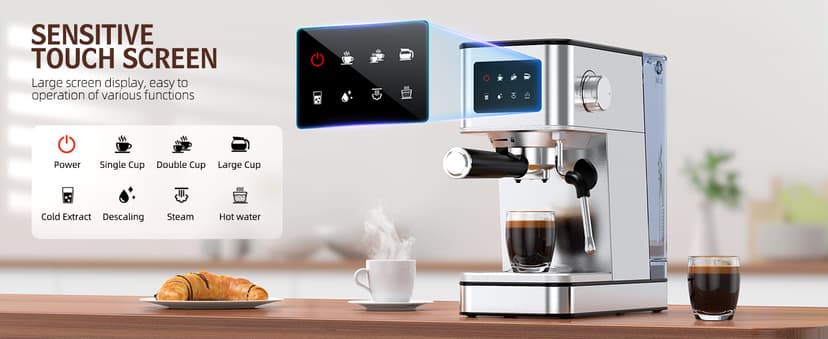 Espresso Machine with Milk Frother, 20 Bar Compact Espresso Maker with Touch Screen & 57.5oz Removable Water Tank for Home, Stainless Steel Coffee Machine for Cappuccino, Latte, Silver(updated)