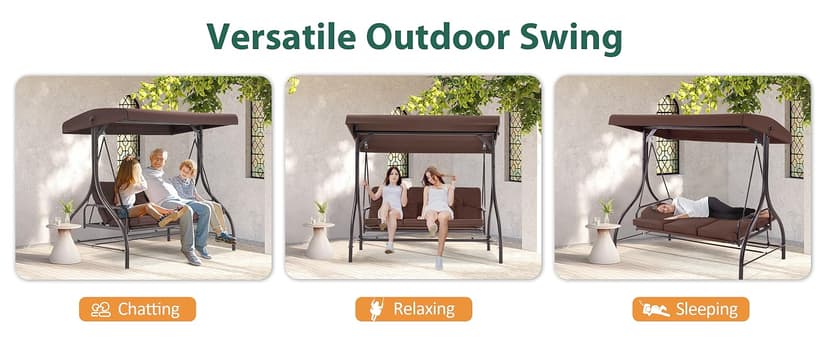 MCombo 3-Seat Outdoor Patio Swing Chair, 2-in-1 Convertible Porch Swing Glider Chair with Removable Cushions, Adjustable Canopy & Pillows for Backyard, Deck, Garden, 4068 (Brown)