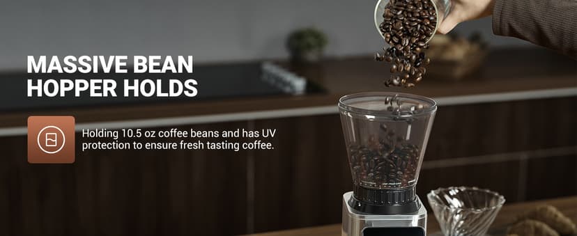 AMZCHEF Coffee Grinder, Coffee Bean Grinder for Home Use with Precise Grinding, LED Control Panel, Detachable Funnel Stand, Anti-static Design, 48 Grind Settings, silver