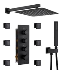 MONDAWE 28 Inch Flush-Mounted Thermostatic Shower System in Matte Black, 64 Colors LED and Bluetooth Control Music Rainfall Shower Head, Handheld Spray and Body Jets, High Pressure Shower Faucet Set