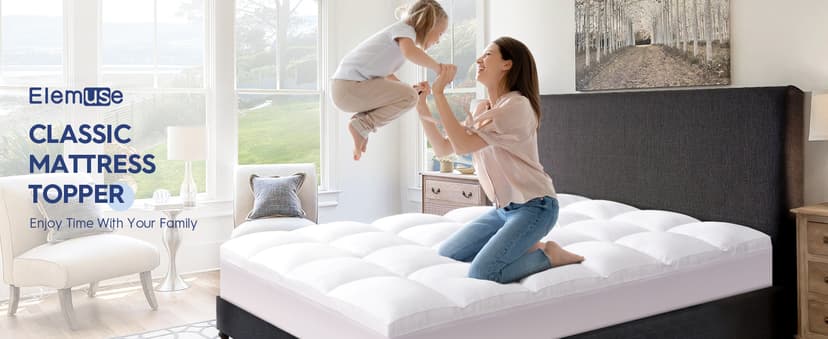 ELEMUSE King Mattress Topper for Back Pain, Extra Thick Mattress Pad Cover, Plush Soft Pillowtop with Elastic Deep Pocket, Overfilled Down Alternative Filling