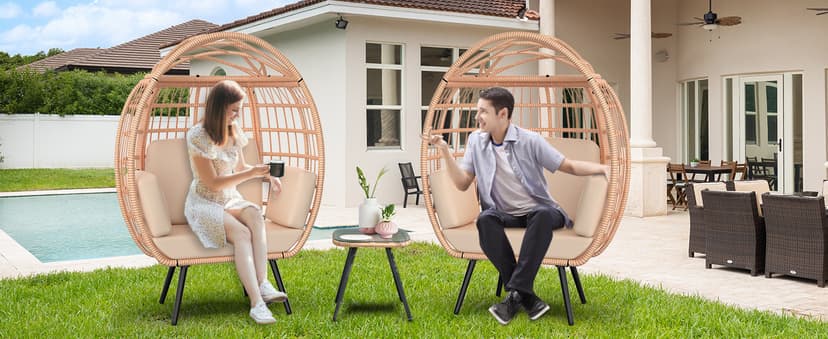ZENPETIO Oversized Egg Chair, Indoor Outdoor Lounger with 4 UV Resistant Cushions, Storage Bag, All-Weather Wicker Egg Lounger Chair for Patio, Backyard, Living Room, 370lbs Capacity - Brown
