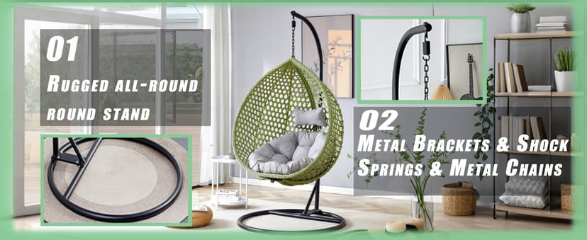Egg Swing Chair Outdoor with Stand, Hanging Egg Rattan Basket Chair with Cushion and Pillow, Swinging Egg Chair, Foldable Basket and Metal Stand for Porch, Patio, Bedroom, Balcony,yard (White)