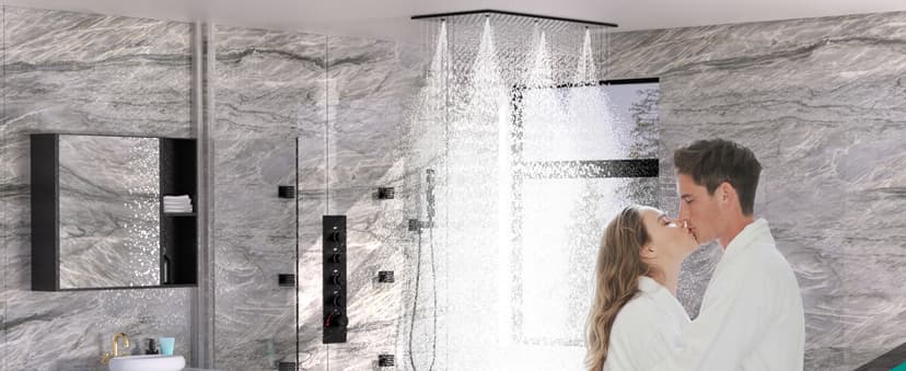 HOMEDEC Luxury Matte Black Shower System, Multi Functions 15.7x31.5inch Mist Rain Shower Head System with Full Body Sprays Jets, Rainfall Ceiling Thermostatic Shower Faucet Set