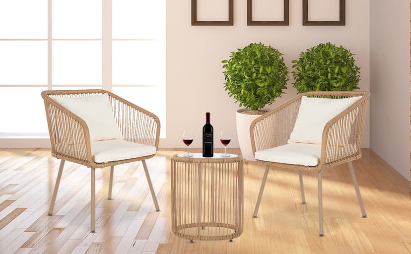 FDW 3-Piece Outdoor Furniture Modern Patio Bistro Set Rattan Conversation Set Wicker Patio Furniture Set with 2 Chairs Coffee Table Cushions Lumbar Pillows for Patio Outdoor Backyard Porch, White