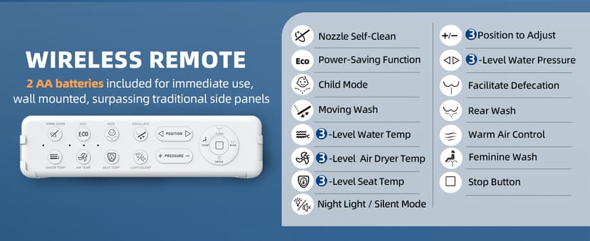 Electric Bidet Toilet Seat, Heated Toilet Seat Elongated with Instant Warm Water & Dryer, Feminine & Front Rear Wash, Wireless Remote, Self-Clean Nozzle, Slow Close Lid, Upgraded Silent ECO Child Mode