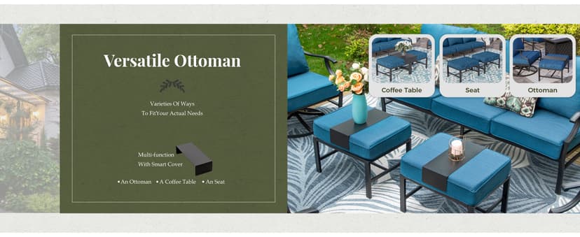 Patio Furniture Set 5 pcs, Outdoor Patio Furniture, 3-Seat Sofa, 2 Rocking Chairs, 2 Ottomans and 5.75" Extra Thick Cushion, Conversation Set for Backyard Deck,Gemstone Blue