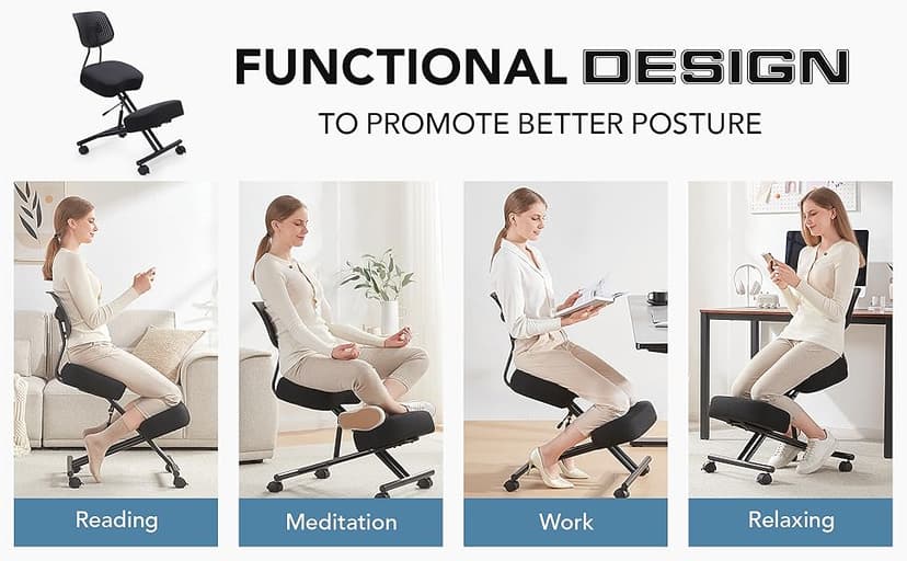 Ergonomic Kneeling Chair with Back Support, Ergonomic Kneeling Tool with Brake and Smooth Gliding Casters, Adjustable Stool for Home and Office, Posture Chair to Relieve Back Pain, Black Linen