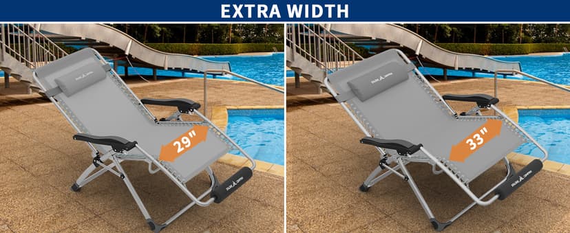 UDPATIO Oversized Zero Gravity Chair 33In XXL Patio Reclining Chair with Cushion, Outdoor Folding Recliner with Pillows|Cup Holder|Foot Rest|Padded Headrest, Black, Support 500LB