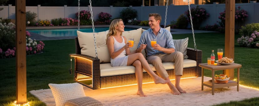 YITAHOME 3 Seats Patio Porch Swing, Outdoor Wicker Hanging Bench Rattan Chair Seat with LED Lights & Soft Cushions for Outside, Garden, Backyard, Lawn, Light Brown & Beige