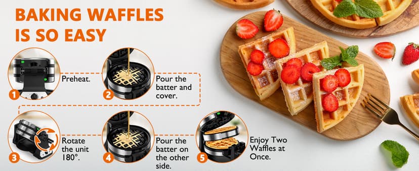 Waffle Maker, 1400W Belgian Waffle Maker, Double Waffle Iron 180° Flip, Rotating Nonstick Plates, Adjustable Browning Control, Locking Buckle & Cool Touch Handle, Removable Drip Tray, Stainless Steel