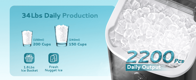 EUHOMY Nugget Ice Maker Countertop with Handle, Ready in 6 Mins, 34lbs Per Day, Removable Top Cover, Auto-Cleaning, Portable Sonic Ice Maker with Basket and Scoop, for Home/Party/RV/Camping (Black)