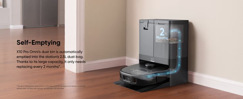 eufy X10 Pro Omni Robot Vacuum and Mop Combo, 8,000 Pa Suction, Dual Mops with 12 mm Auto-Lift and Carpet Detection, AI Obstacle Avoidance, Auto Mop Washing, Auto Drying, Self-Emptying, Self-Refilling