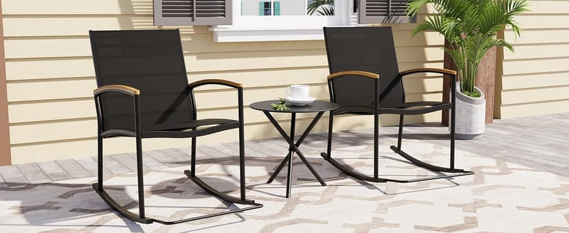 Shintenchi 3 Piece Outdoor Rocking Bistro Set, Textilene Fabric Small Patio Furniture Set, Front Porch Rocker Chairs Conversation Set with Table for Lawn, Garden, Balcony, Poolside (Black)
