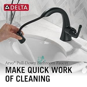 Delta Arvo 1 Hole Pull Down Bathroom Faucet with Sprayer, Brushed Nickel Single Hole Bathroom Sink Faucet with Pull Out Sprayer for Vanity, Push-Pop Drain, SpotShield Stainless 15840LF-SPPD