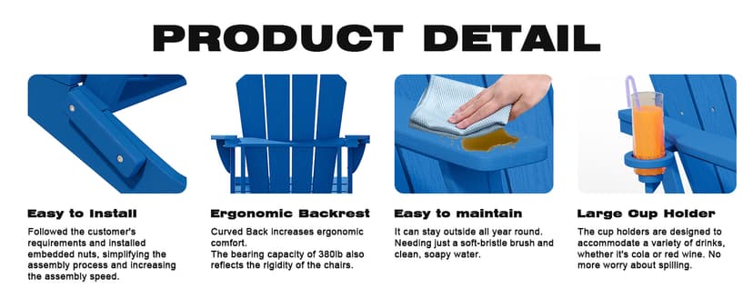 Folding Adirondack Chair Set of 8, HDPE All-Weather Patio Chairs for Outdoor, Patio, Lawn, Garden, Backyard Deck, Fire Pit - Black