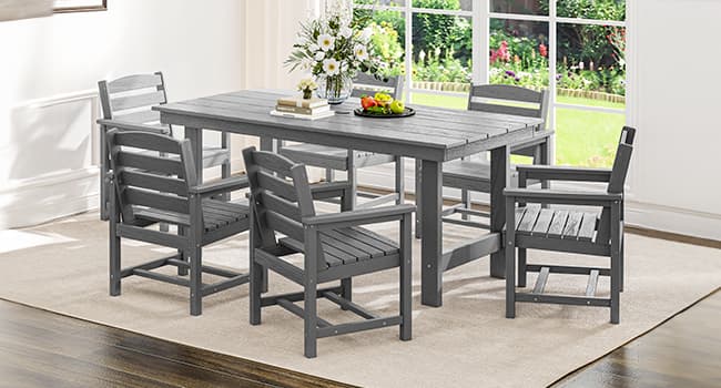 SERWALL Outdoor HDPE Dining Table Set, 7-Piece Outdoor Dining Table Sets with Umbrella Hole Cut-Out Table and 6 Chairs, Gray