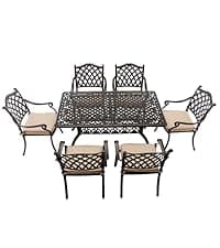 7-Piece Cast Aluminum Outdoor Table and Chairs, Antique Bronze Patio Dining Set for 6 Include 60" Rectangular Outdoor Dining Table and 6 Swivel Chairs with Removable Cushion and Umbrella Hole