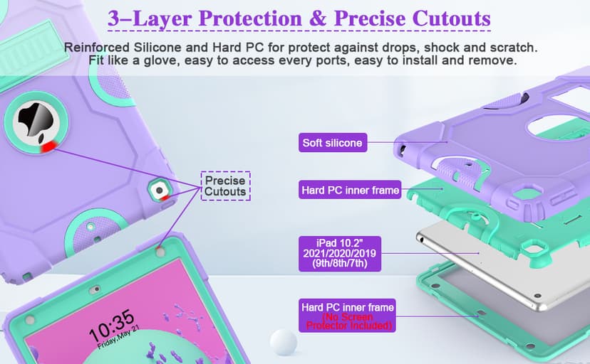 for iPad 9th Generation Case, iPad 8th 7th Generation Case, iPad 10.2 Inch 2021/2020/2019 Case, Heavy Duty Rugged Shockproof Protective Cover with Kickstand for Kids Boys Girls Purple/Green