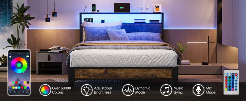 OLEVS Full Bed Frame with Headboard, Metal Platform Bed Full Size with 2-Tier Storage, LED Light & Charging Station Type C, No Box Spring Needed