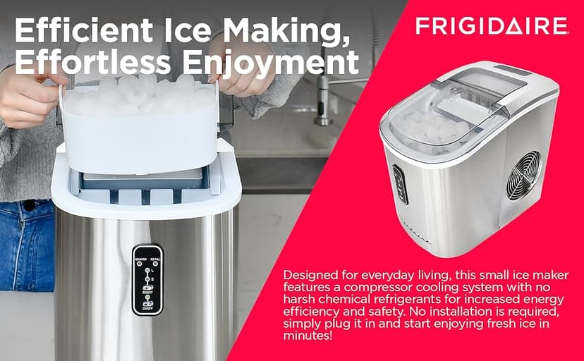 Frigidaire EFIC103-AMZ-SC Counter Top Maker with Over-Sized Ice Bucket, Stainless Steel, Self Cleaning Function, Heavy Duty, Stainless