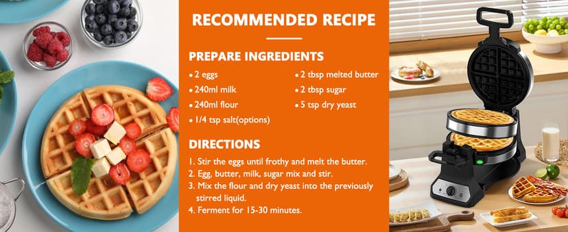 Waffle Maker, 1400W Belgian Waffle Maker, Double Waffle Iron 180° Flip, Rotating Nonstick Plates, Adjustable Browning Control, Locking Buckle & Cool Touch Handle, Removable Drip Tray, Stainless Steel