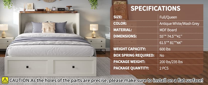 Queen Size Murphy Bed with Charging Station, Cabinet Bed with Large Storage Drawer for Home Office or Small Room, Hideaway Full Foldable Platform Bed, Barnwood+White