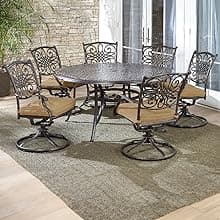 Hanover Traditions Set with 6 Swivel Rocker Chairs, Tan Cushions and Large 38"x72" Dining Table, Outdoor Dining Set for 6