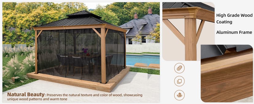 PURPLE LEAF 12' X 20' Outdoor Hardtop Gazebo for Patio Galvanized Steel Double Roof Permanent Canopy Teak Finish Coated Aluminum Frame Pavilion Gazebo with Netting and String Lights