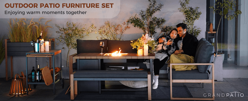 Grand patio 4-Piece Outdoor Furniture Set with Gas Fire Pit Table, Aluminum Patio Sofa Set for 8 with Faux Wood Grain Finish, Modern Patio Couch Sofa with Outdoor Bench and Chaise for Backyard