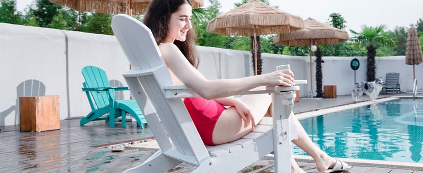 Ciokea Folding Adirondack Chair Wood Texture, Patio Adirondack Chair Weather Resistant, Plastic Fire Pit Chair with Cup Holder, Lawn Chair for Outdoor Porch Garden Backyard Deck (Teak)