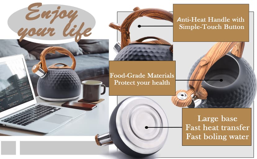 GGC Tea Kettle for Stove Top, Loud Whistling Kettle for Boiling Water Coffee or Milk, 3.1 Quart 3L Heavy Stainless Steel Black Kettle with Wood Pattern Handle, Unique Button Control Kettle Outlet