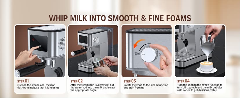 Espresso Machine with Milk Frother, 20 Bar Compact Espresso Maker with Touch Screen & 57.5oz Removable Water Tank for Home, Stainless Steel Coffee Machine for Cappuccino, Latte, Silver(updated)