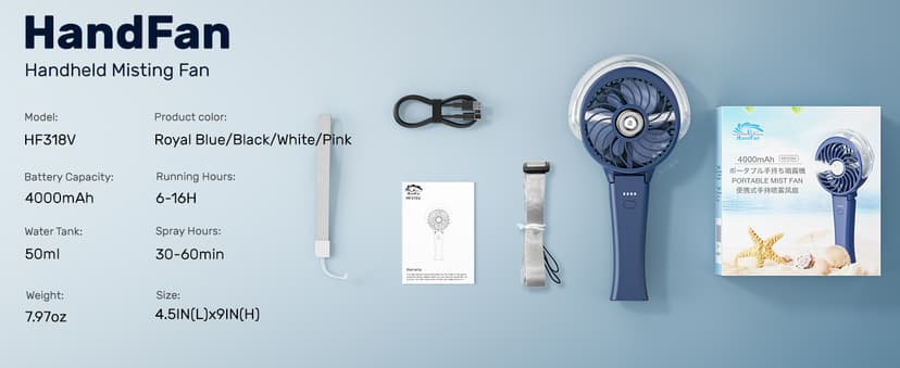 HandFan 4000mAh Upgraded Handheld Misting Fan, 50ml Water Tank, Rechargeable Personal Mister Fan Portable AC, Spray Water Mist Fans, Foldable Cooling Ice Fans for Beach Travel Disney(Royal Blue)