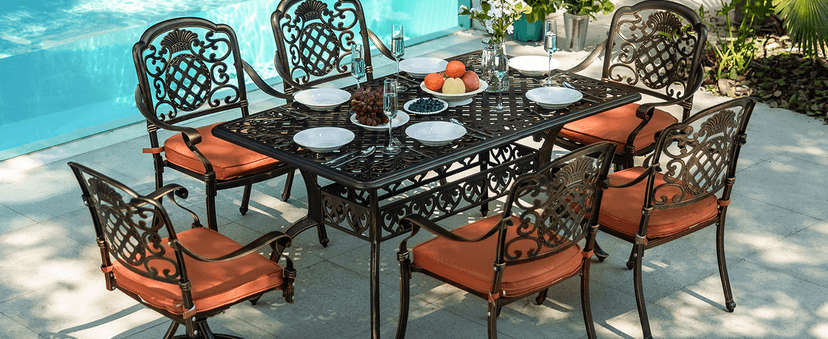 7-Piece Patio Furniture Dining Set, All-Weather Cast Aluminum Outdoor Table and Chairs for 6, Includes 4 Fixed Chairs & 2 Swivel Chair & 60’’ Rectangular Dining Table, Red