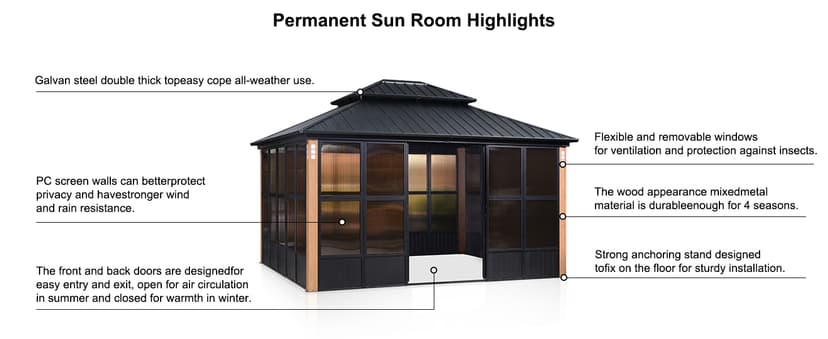 PURPLE LEAF 12' X 14' Patio Hardtop Gazebo Double Top Outdoor Screen House Aluminum Solarium Backyard Sun Room with Detachable Windows