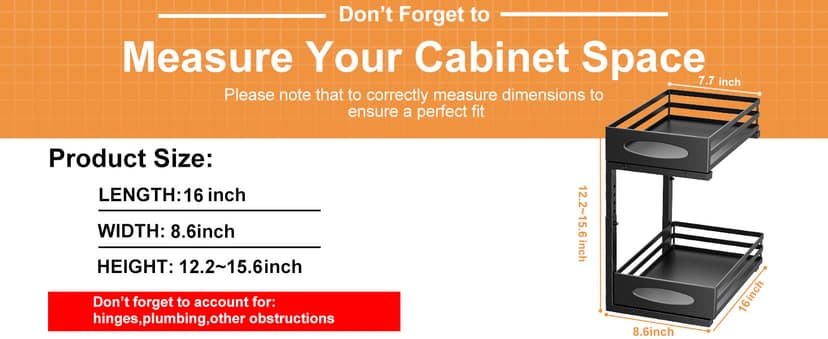 Under Sink Organizer, Pull Out Cabinet Organizers, Slide Sink Steel Shelf Cabinet Storage Shelves, Under Sink Storage for Kitchen Bathroom Cabinet (Black, 2 Pack)