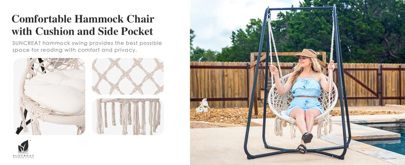 SUNCREAT Patio Swing Chair with Stand and Cushion, Heavy Duty Hanging Chair with Stand for Bedroom, 330 lbs Capacity, Patent Pending, Beige