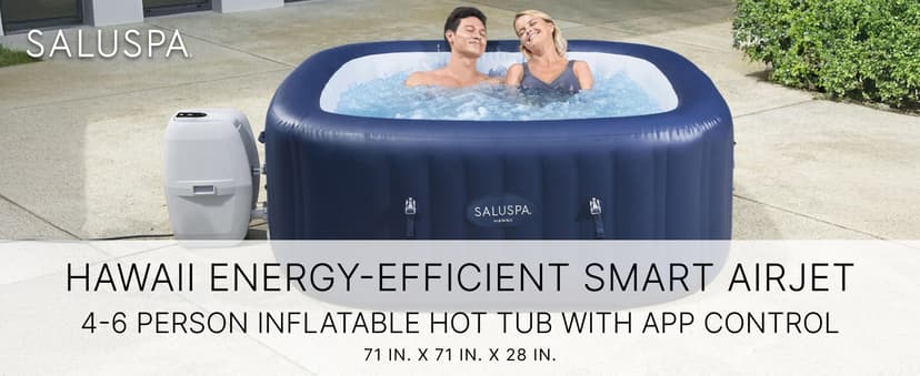Bestway SaluSpa Hawaii AirJet 4 to 6 Person Inflatable Hot Tub Square Portable Outdoor Spa with 140 AirJets and EnergySense Energy Saving Cover, Blue