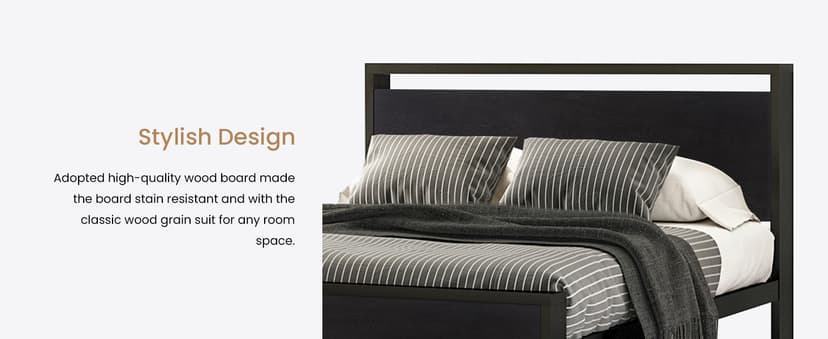 SHA CERLIN 14 Inch Queen Size Metal Platform Bed Frame with Wooden Headboard and Footboard, Mattress Foundation, No Box Spring Needed, Large Under Bed Storage, Non-Slip Without Noise, Black Oak