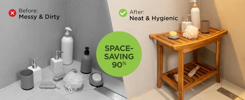 Premium 22" Teak Shower Bench with Handles, Waterproof Teak Shower Stool, Wooden Stool for Bathroom, Teak Wood Shower Bench Stool Seat Chair for Shower Storage Shelf, 300 Lbs Capacity