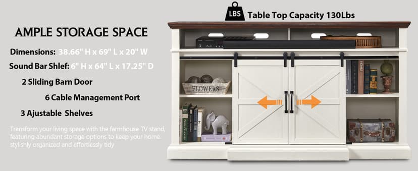 Farmhouse TV Stand for 80 Inch TVs, 38" Tall Entertainment Center w/Storage Cabinets and Sliding Barn Door, Media Console Cabinet w/Soundbar & Adjustable Shelves for Living Room, 69inch (White)