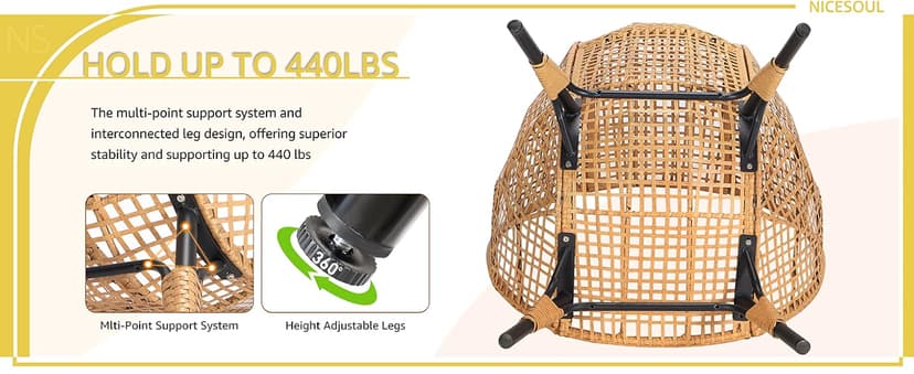 NICESOUL Wicker Egg Chair with Ottoman, Indoor Outdoor Egg Basket Lounge Chair w/Cushion, Oversized Egg Seat with Legs 440 Lbs, Comfy Cozy Boho Style Nest Chair w/Footrest for Patio, Balcony, Beige