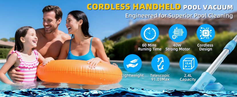Cordless Pool Vacuum with Telescopic Pole, 26.5 gallons/min Powerful Suction, Handheld Rechargeable Swimming Pool Cleaner with 1H Running Time, Pool Vacuum for Above/In Ground Pools, Spas, Hot Tubs