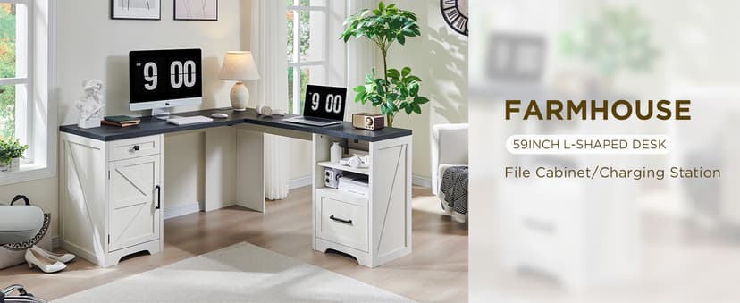 JXQTLINGMU 58" Executive Desk, Farmhouse Computer Desk with Drawers and Cabinet, Embossed Texture Home Office Desk w/Charging Station, Workspace for Work Study Writing, Off White