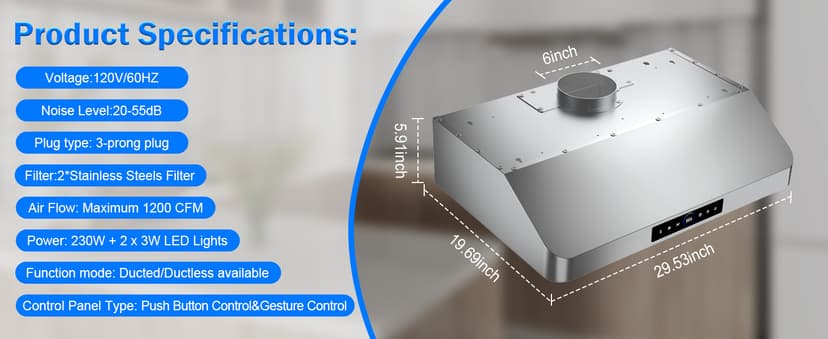 30 Inch Under Cabinet Range Hood with 1200CFM Powerful Suction,Stainless Steel Ducted Vent Hood with 4 Speeds,Smart Touch Panel, 3W LED Lights, Quiet Kitchen Exhaust Hood,18B-E30